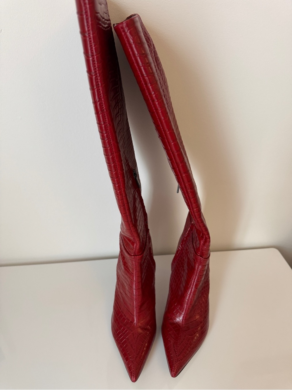 Sam Edelman Red Croc-Embossed Pointed Toe Knee-High Boots